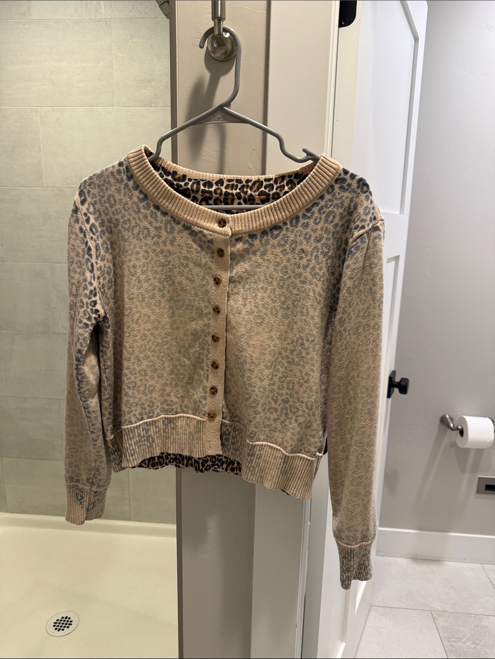 Womens Beige Leopard Print Button-Front Cardigan Sweater